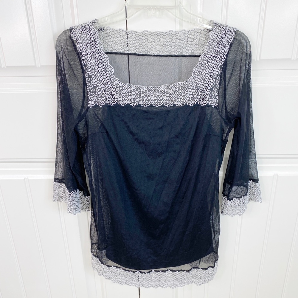 Nicole by Nicole Miller Black Mesh Embroidered Top